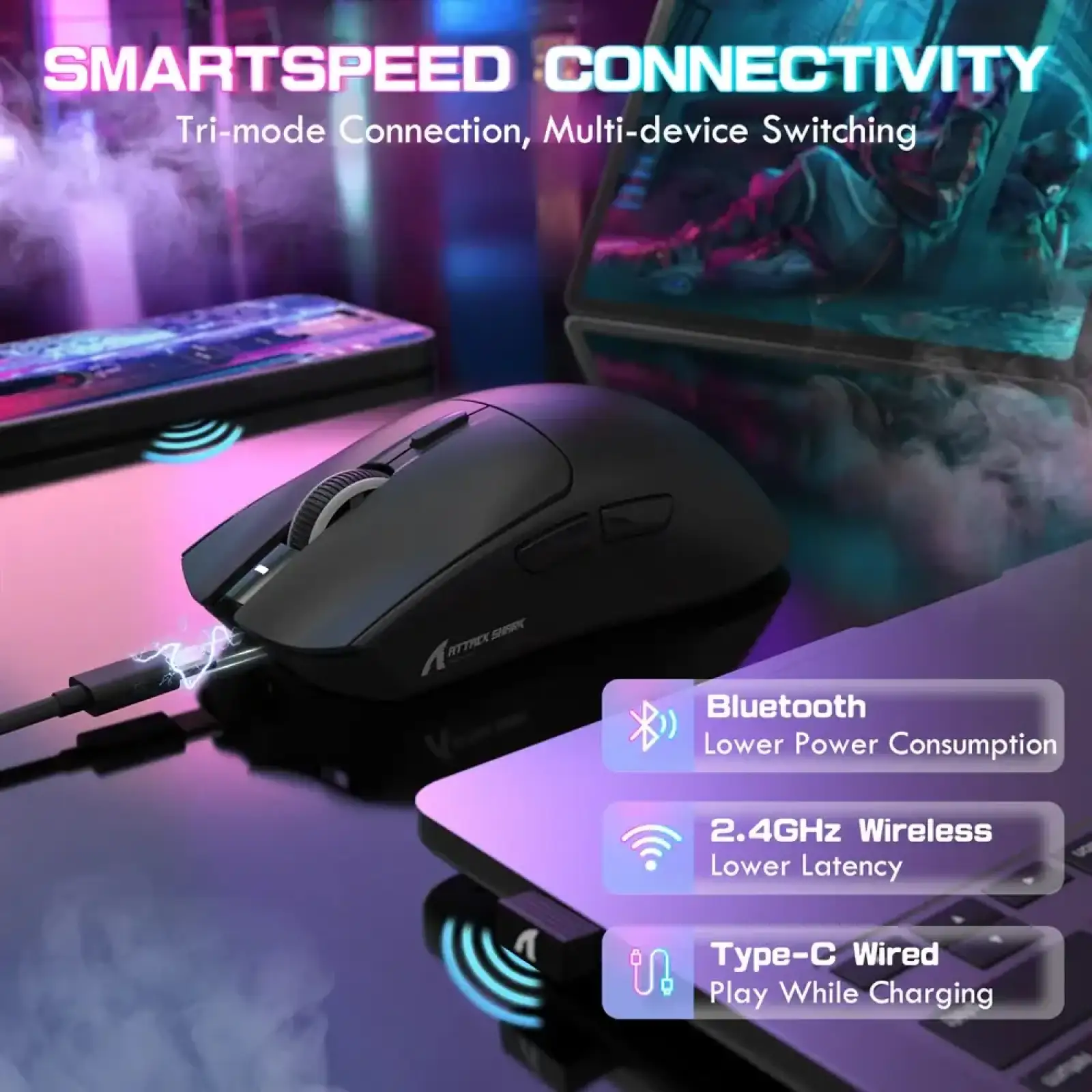Мишка Attack Shark X1, Wireless/Bluetooth, 40000dpi. (PAW3395PRO), 6кн., Black (X1B_AS) UA