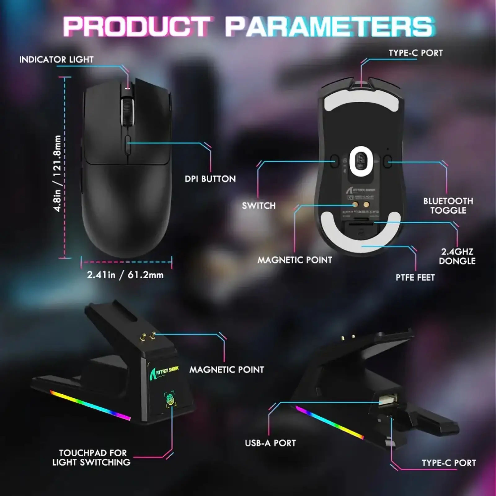 Мишка Attack Shark X1, Wireless/Bluetooth, 40000dpi. (PAW3395PRO), 6кн., Black (X1B_AS) UA