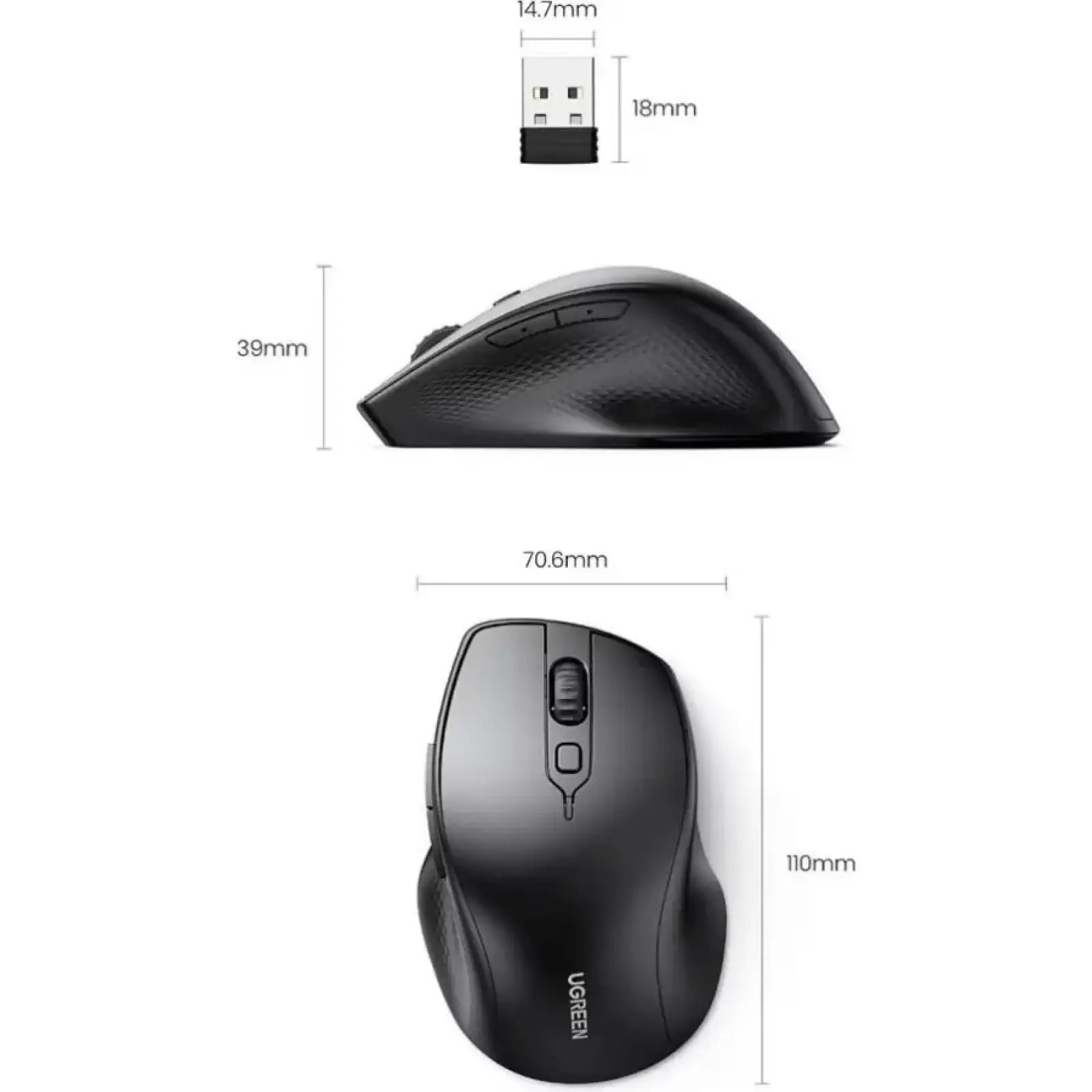 Мишка UGREEN 2.4GHz+Bluetooth MU101, бездротова, 4000dpi., 5кн., чорна (90395) UA