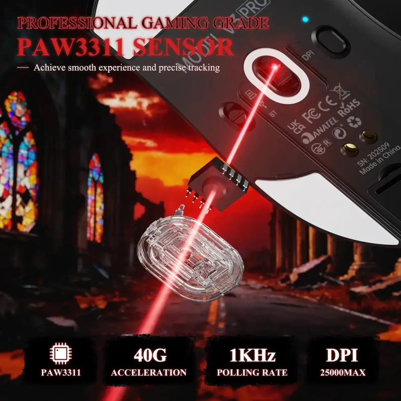 Мишка Attack Shark V3Pro Ultra-Light, Wireless/Bluetooth, 25000dpi. (PAW3311), 6кн., Black (V3PROB_AS) UA