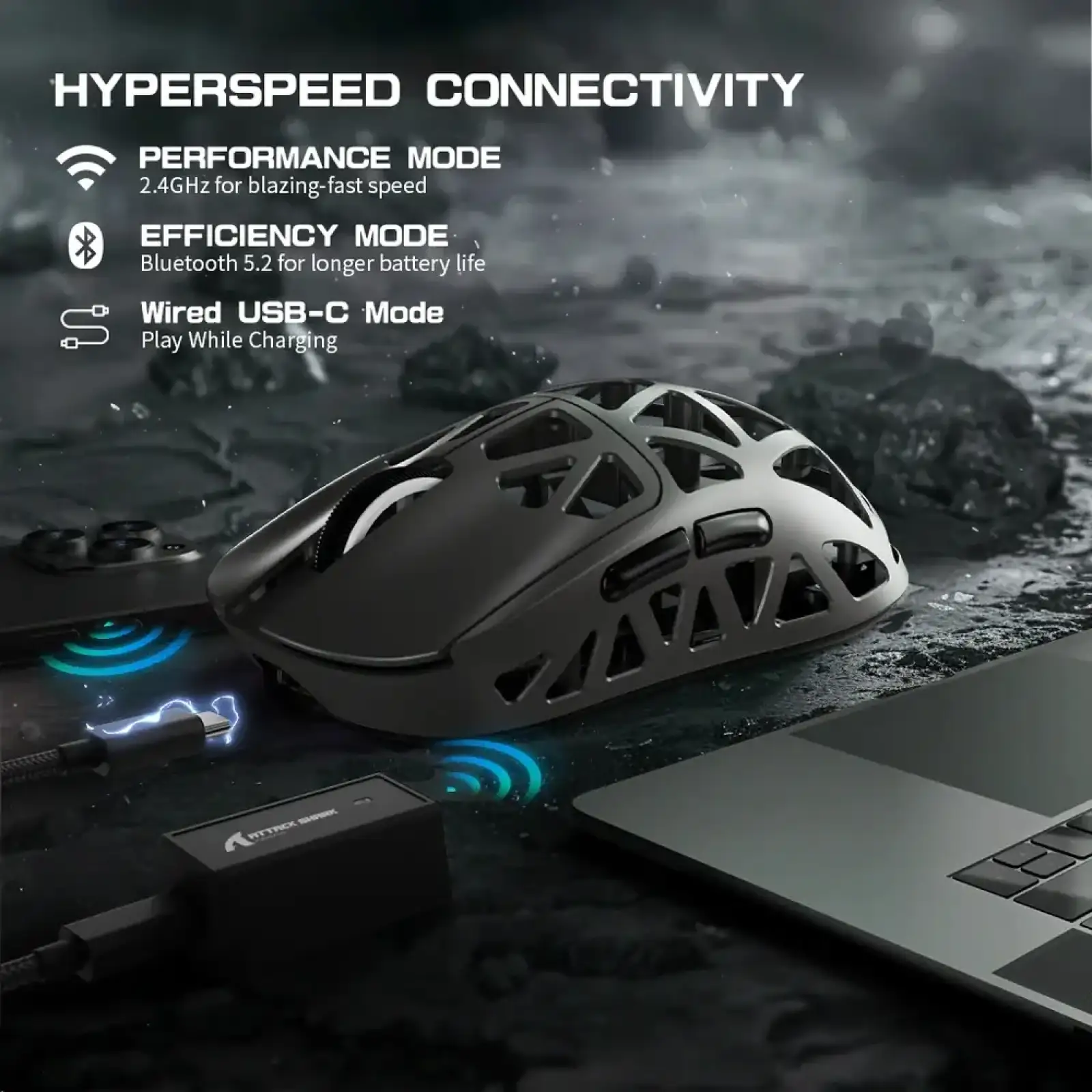 Мишка Attack Shark R2, Wireless/Bluetooth, 42000dpi. (PAW3950), 6кн., Silver gray (R2SGR_AS) UA
