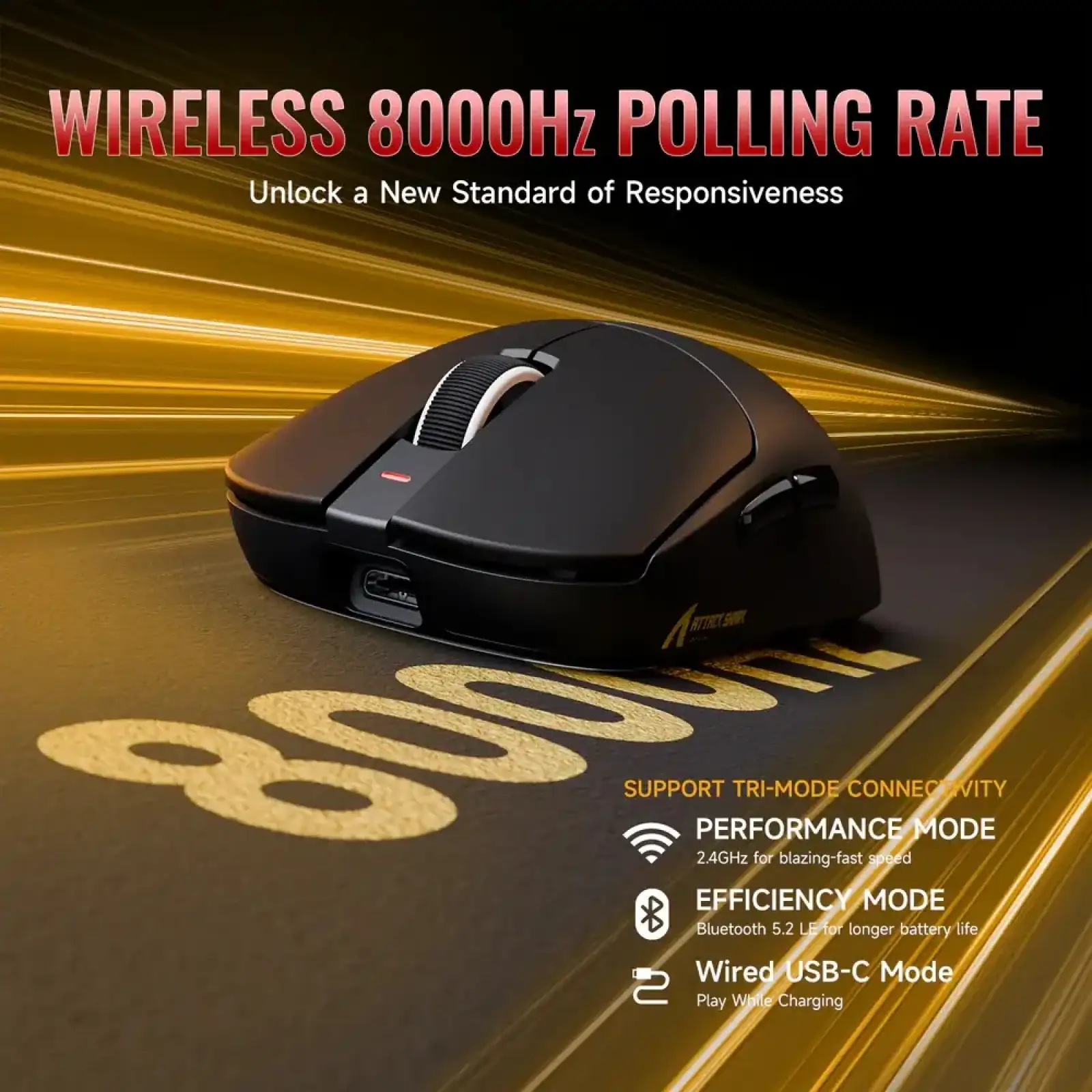 Мишка Attack Shark X8 ULTRA, Wireless/Bluetooth, 42000dpi. (PAW3950MAX), 6кн., Black (X8ULTRAB_AS) UA