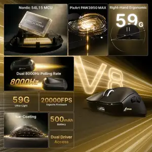 Мишка Attack Shark V8 Ultra-Light, Wireless/Bluetooth, 42000dpi. (PAW3950MAX), 6кн., Black (V8B_AS) UA