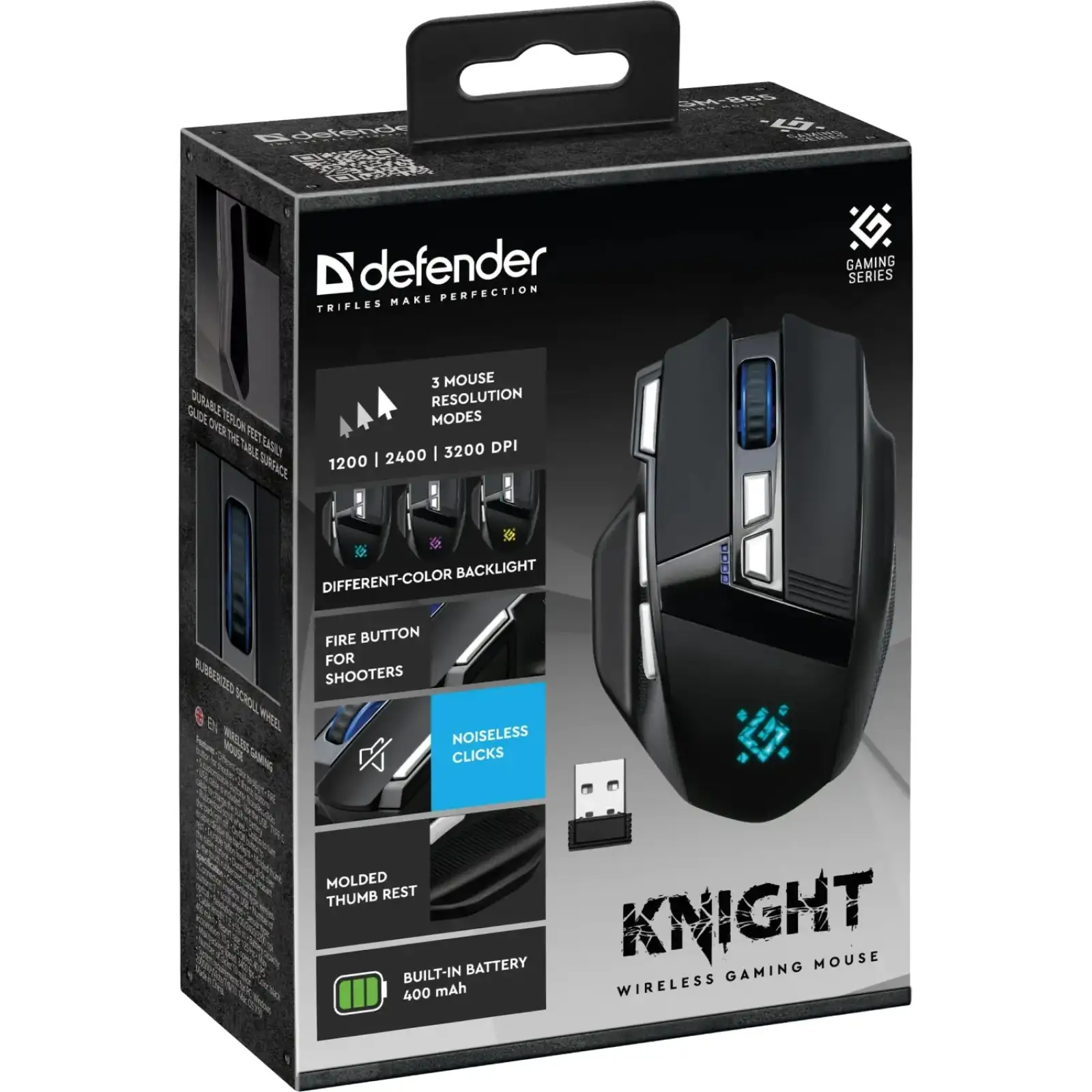 Мишка Defender Knight GM-885, бездротова, ігрова, 8кн., 3200 dpi., 400 mAh, чорна (52885) UA