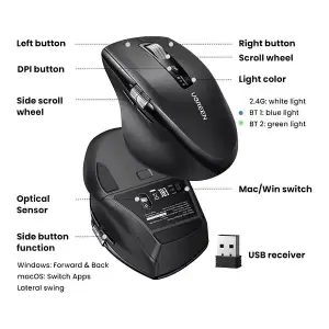 Мишка UGREEN 2.4GHz&BT M751 Ergonomic Contoured-Shape, бездротова, 5000dpi., 5кн., Чорна (45792) UA