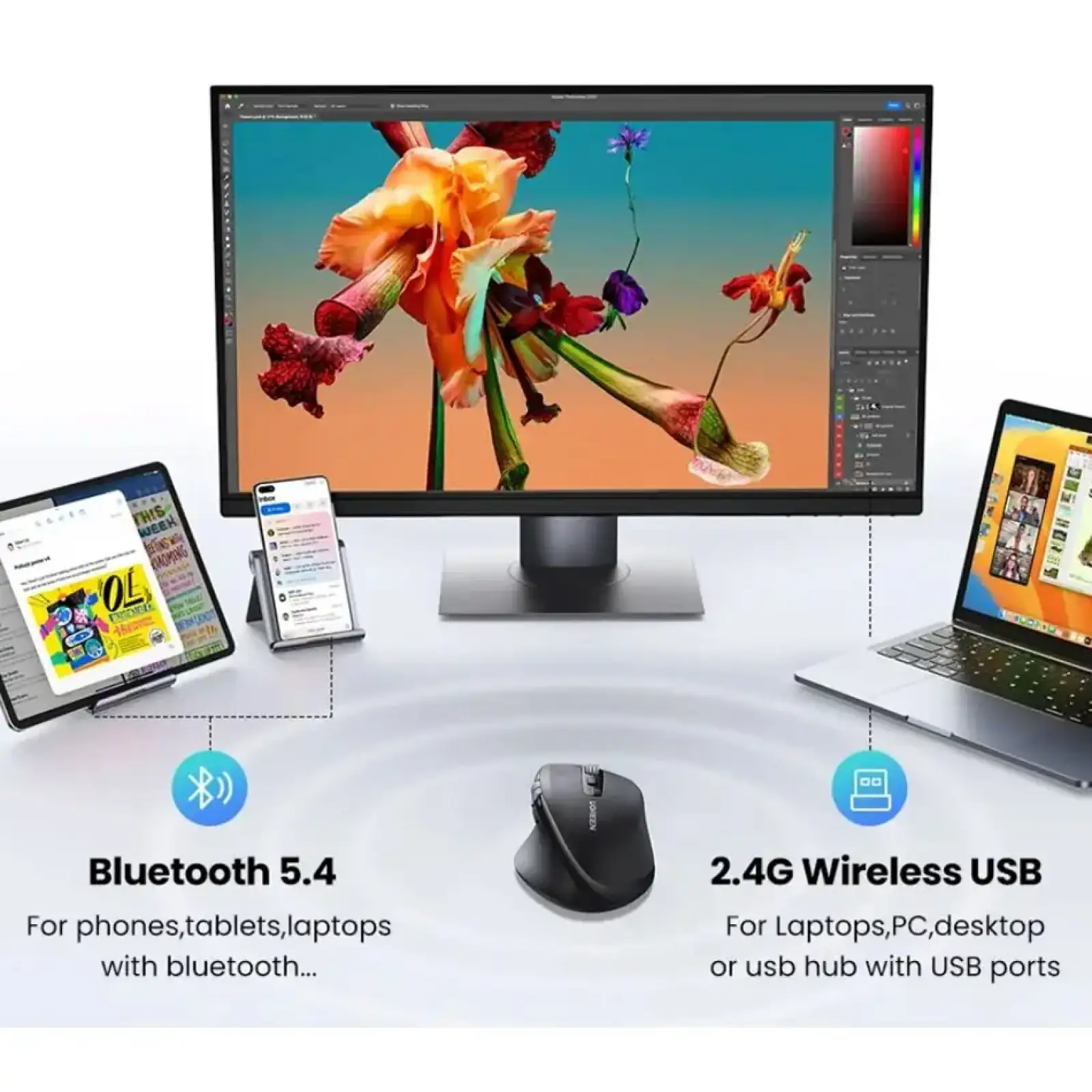 Мишка UGREEN 2.4GHz&BT M751 Ergonomic Contoured-Shape, бездротова, 5000dpi., 5кн., Чорна (45792) UA