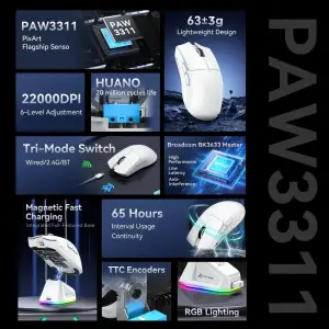Мишка Attack Shark X11, Wireless/Bluetooth, 22000dpi. (PAW3311), 6кн., White (X11W_AS) UA