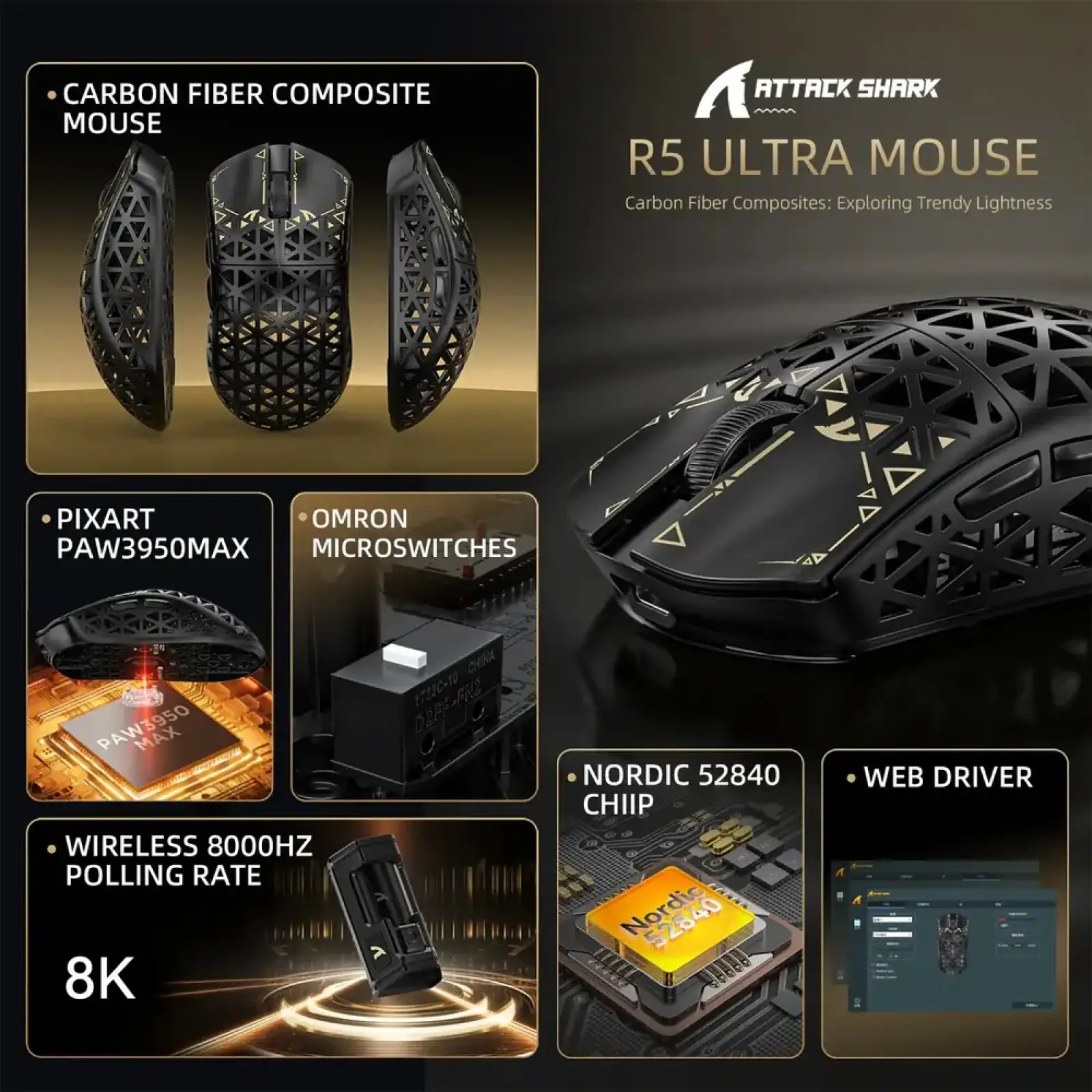 Мишка Attack Shark R5 Ultra, Wireless, PAW3950MAX сенсор, 42000dpi., 6кн., Black (R5ULTRAB_AS) UA