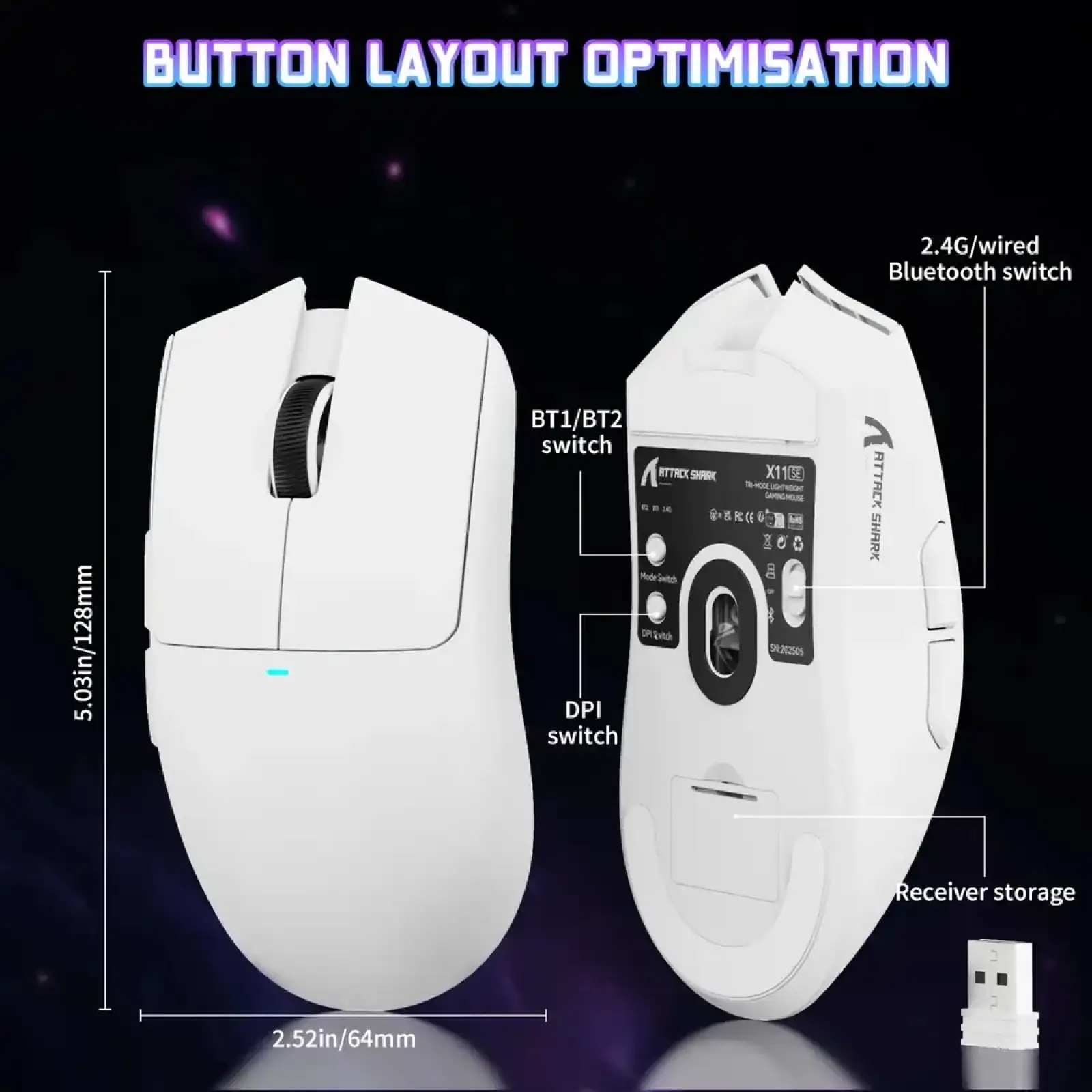 Мишка Attack Shark X11SE, Wireless/Bluetooth, 22000dpi. (PAW3311), 6кн., White (X11SEW_AS) UA