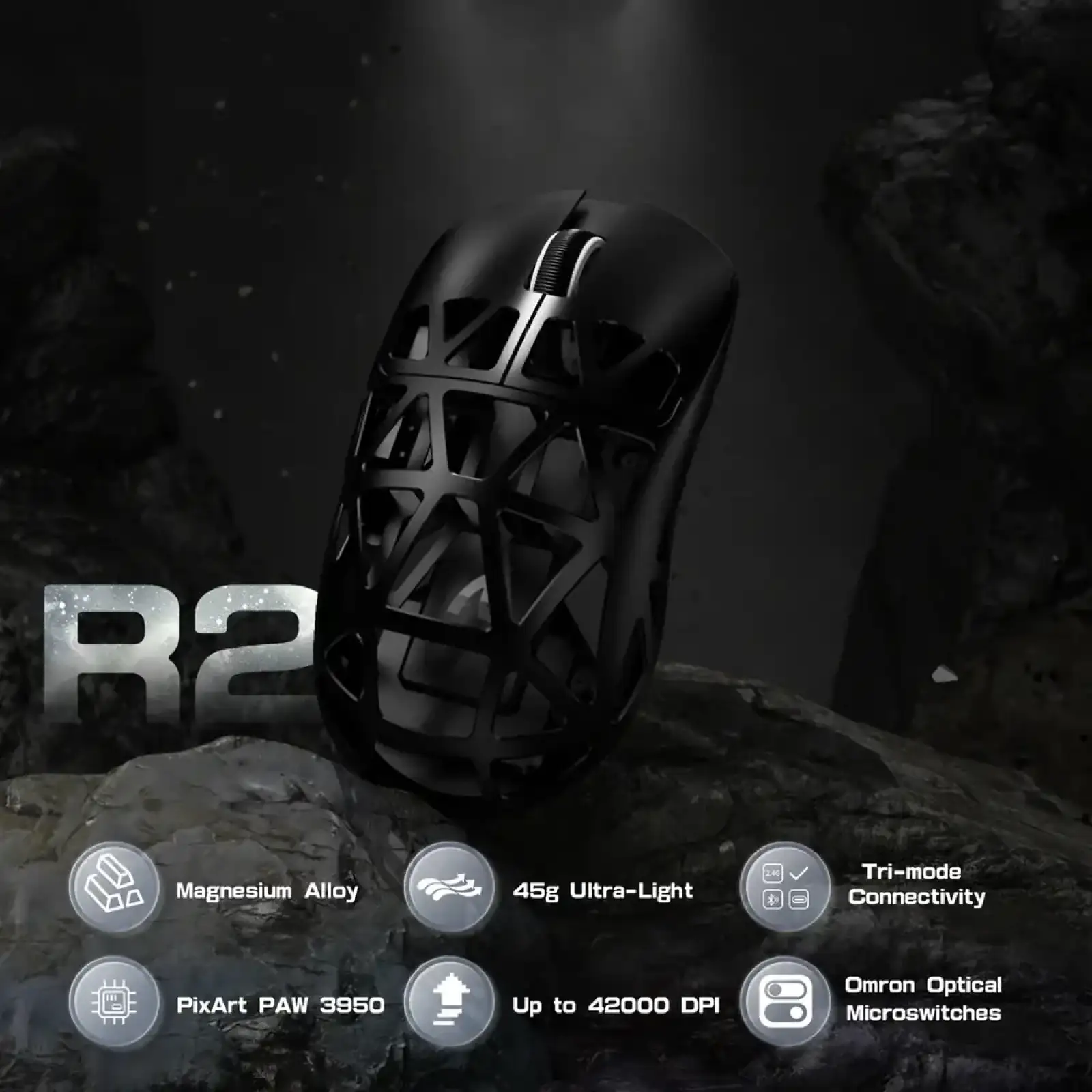 Мишка Attack Shark R2, Wireless/Bluetooth, 42000dpi, (PAW3950), 6кн., Black (R2B_AS) UA