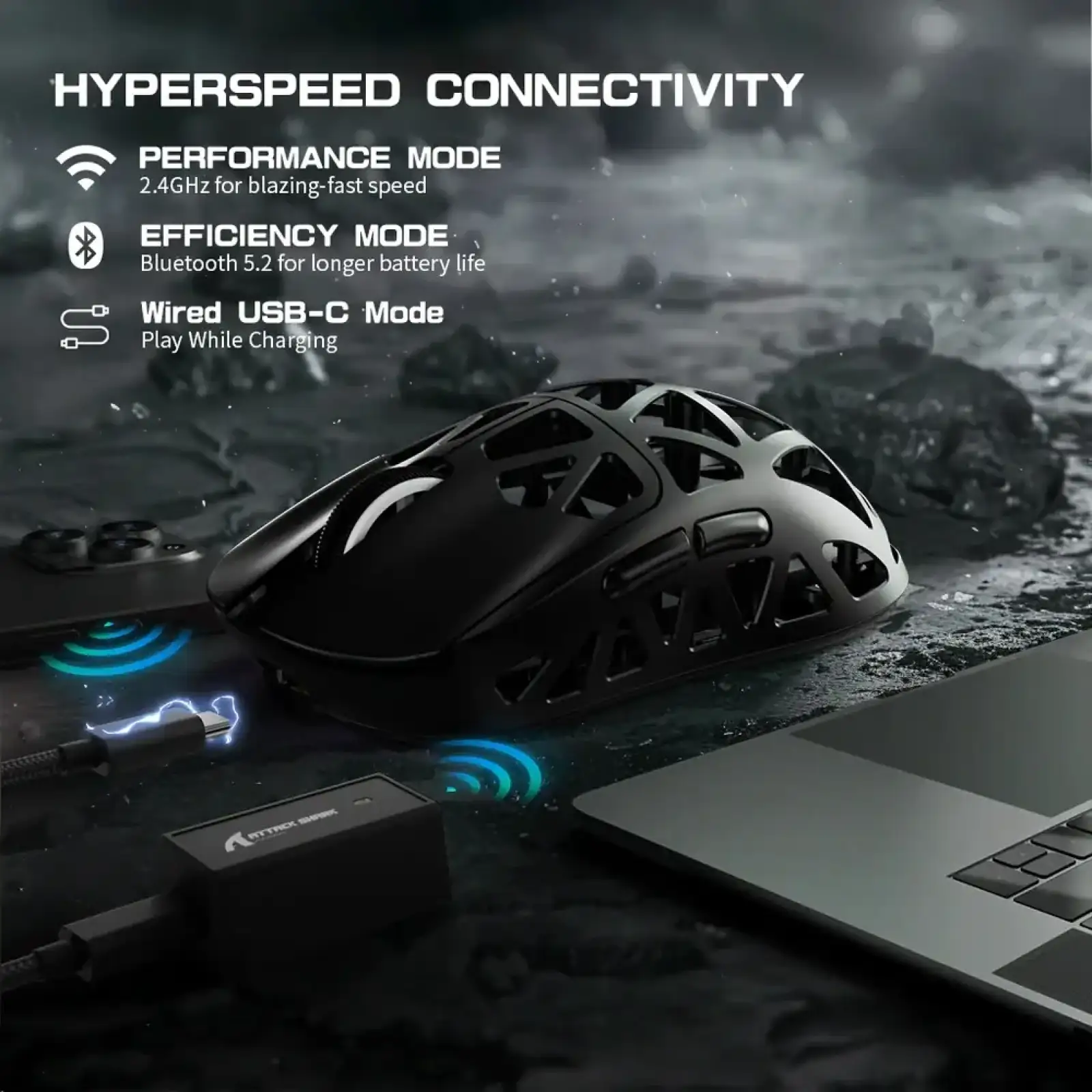 Мишка Attack Shark R2, Wireless/Bluetooth, 42000dpi, (PAW3950), 6кн., Black (R2B_AS) UA