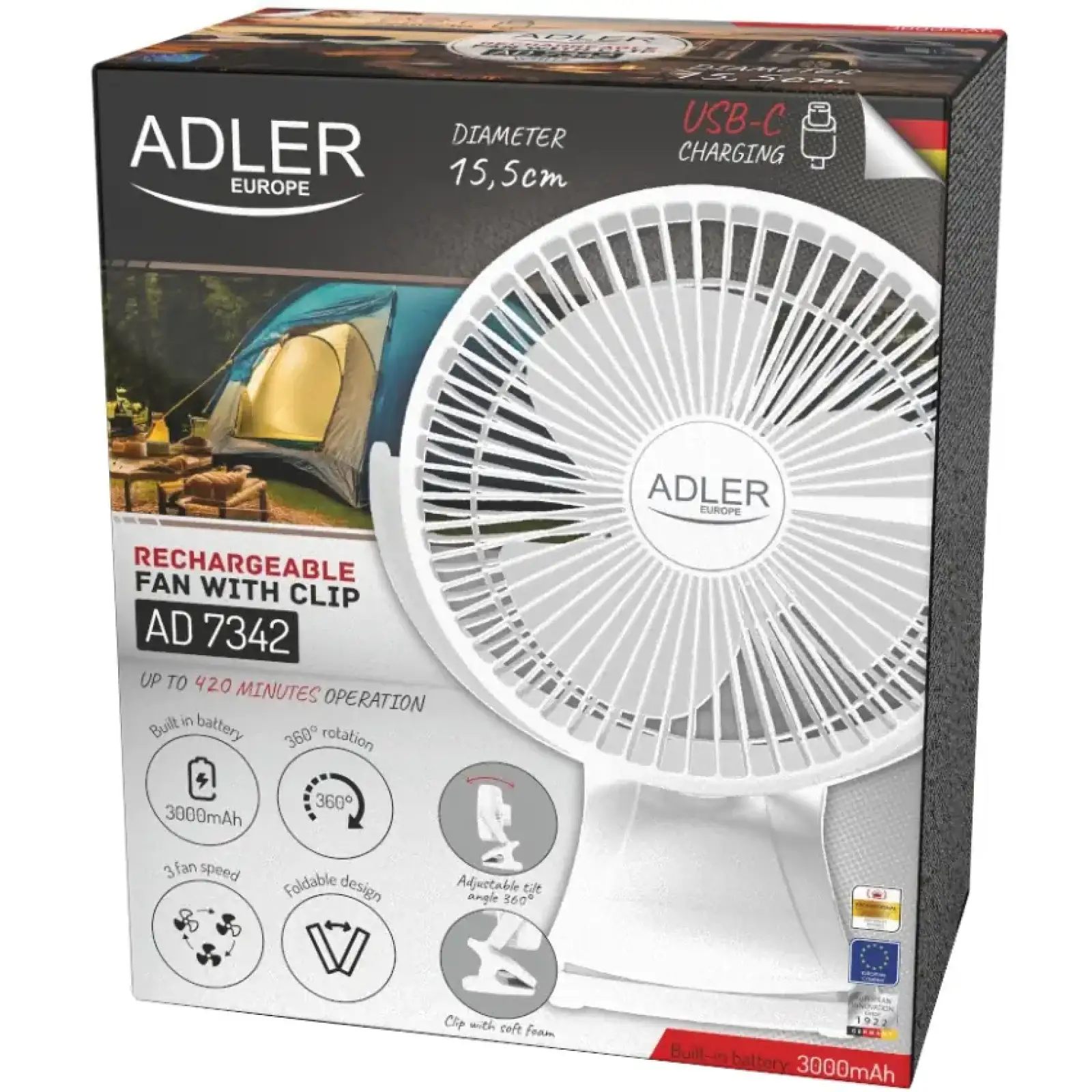 Вентилятор AdlerAD 7342 white настільний/ акумуляторний/ 5Вт/ D=15.5см/ USB-C/ білий (AD7342W) UA