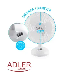 Вентилятор AdlerAD 7302 white настільний/ 45Вт/ D=23см/ автоповорот/ білий (AD7302) UA