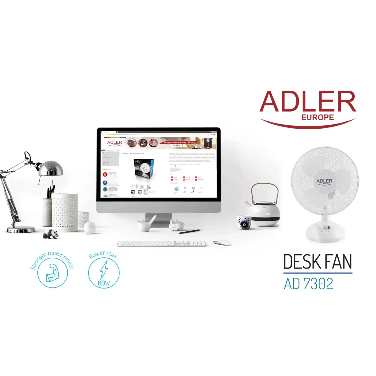 Вентилятор AdlerAD 7302 white настільний/ 45Вт/ D=23см/ автоповорот/ білий (AD7302) UA