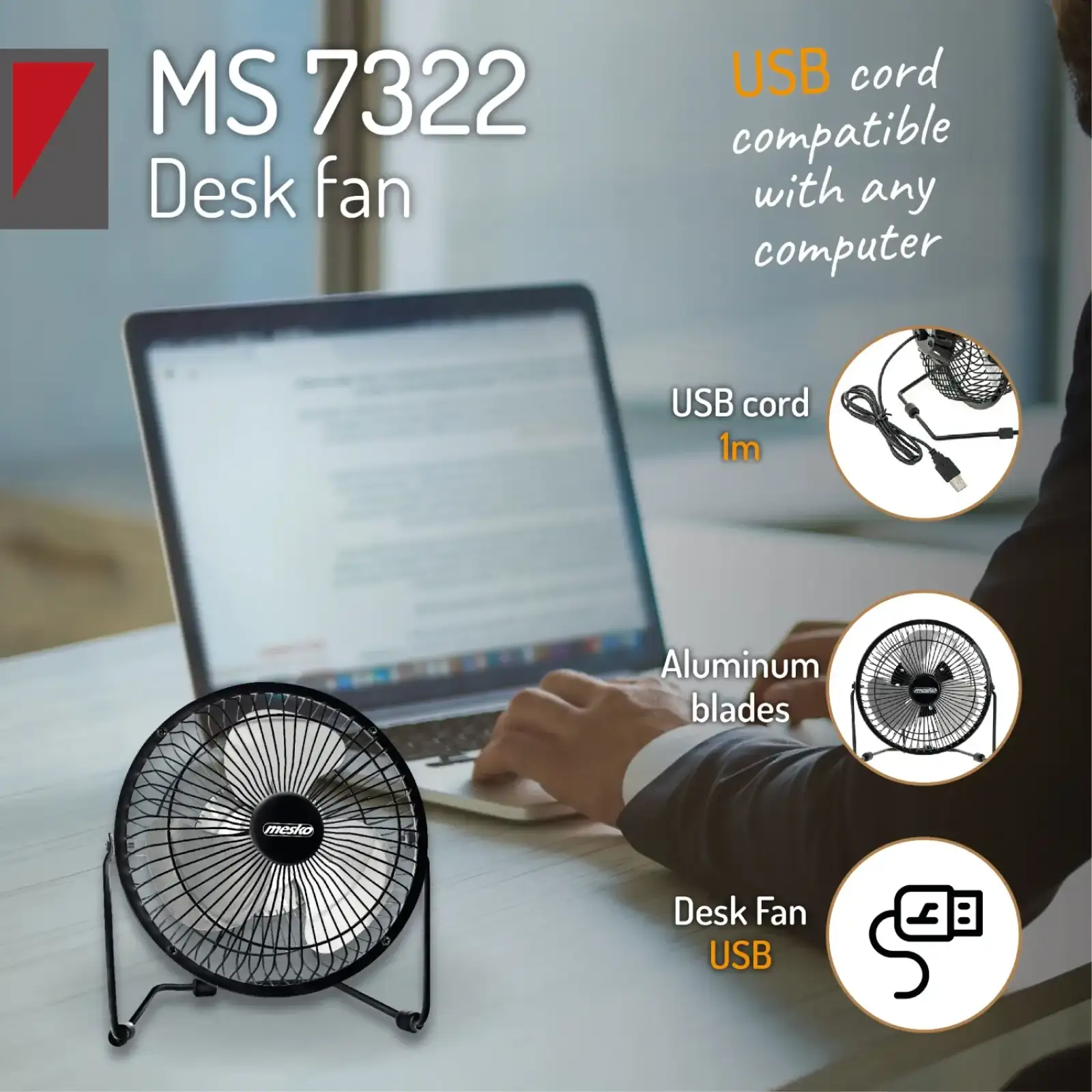 Вентилятор Mesko MS 7322 настільний/ USB/ 4,5Вт/ D=15см/ чорний (MS7322) UA