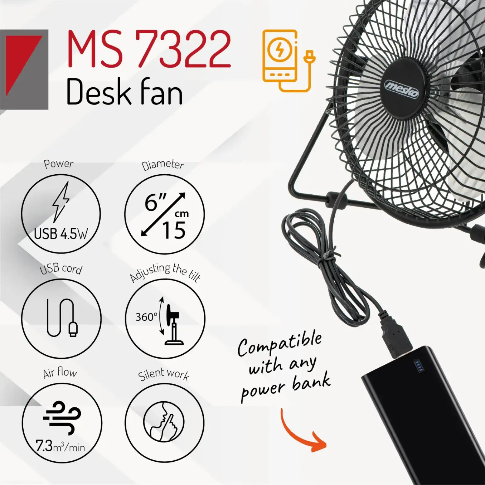 Вентилятор Mesko MS 7322 настільний/ USB/ 4,5Вт/ D=15см/ чорний (MS7322) UA
