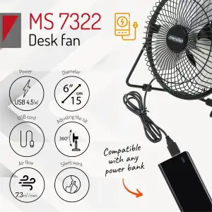 Вентилятор Mesko MS 7322 настільний/ USB/ 4,5Вт/ D=15см/ чорний (MS7322) UA