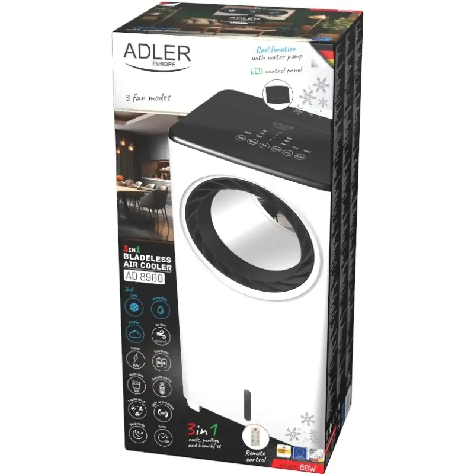 Вентилятор Adler AD 8900 безлопатевий/ 80Вт/ резервуар 4л/ таймер/ пульт ДУ/ зволоження (AD8900) UA