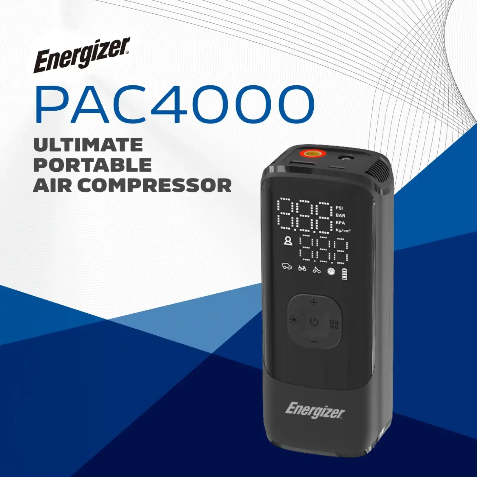 Автомобільний портативний компресор Energizer PAC4000 150 PSI, Power Bank 2000 мАг, Black UA