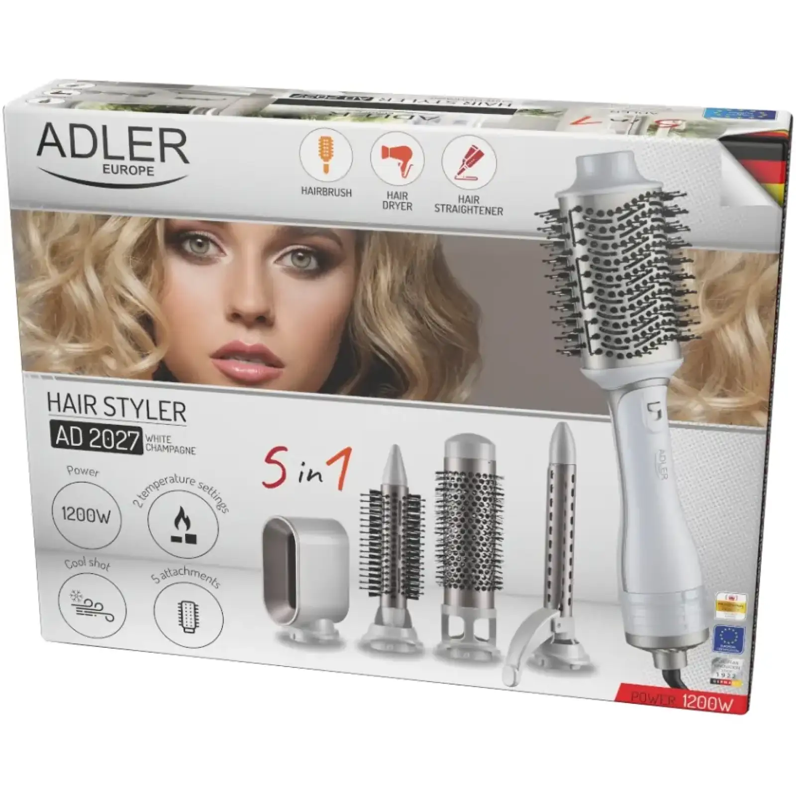 Стайлер Adler AD 2027 white champagne 1200Вт/ темп.режимів-2/ Cool shot/ насадок-5/ дорожній футляр (AD2027WC) UA