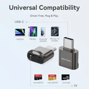 Картрідер USB 2.0 Type-C, 1-слот microSD, OTG 512 Гб, Aluminum Alloy, сірий Vention (CLMH0) UA
