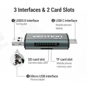 Картрідер USB 3.0, 2-слота SD/TF, USB-A/USB-C/Micro USB, Aluminum Alloy ,чорний Vention (CCHH0) UA