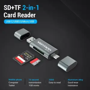 Картрідер USB 3.0, 2-слота SD/TF, USB-A/USB-C/Micro USB, Aluminum Alloy ,чорний Vention (CCHH0) UA