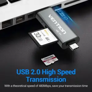 Картрідер USB 2.0, 2-слота SD/TF, USB-A/USB-C/Micro-B, Aluminum Alloy, чорний Vention (CCJH0) UA