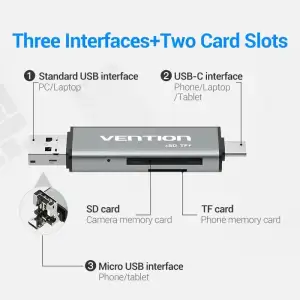 Картрідер USB 2.0, 2-слота SD/TF, USB-A/USB-C/Micro-B, Aluminum Alloy, чорний Vention (CCJH0) UA