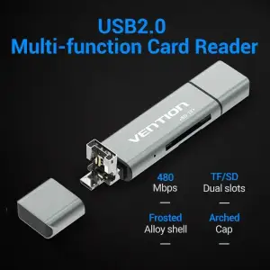 Картрідер USB 2.0, 2-слота SD/TF, USB-A/USB-C/Micro-B, Aluminum Alloy, чорний Vention (CCJH0) UA