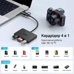Картрідер USB 3.0 4-in-1,OTG USB-C/USB-A, SD/TF, 4-in-1 CM812 Ugreen (45167) UA