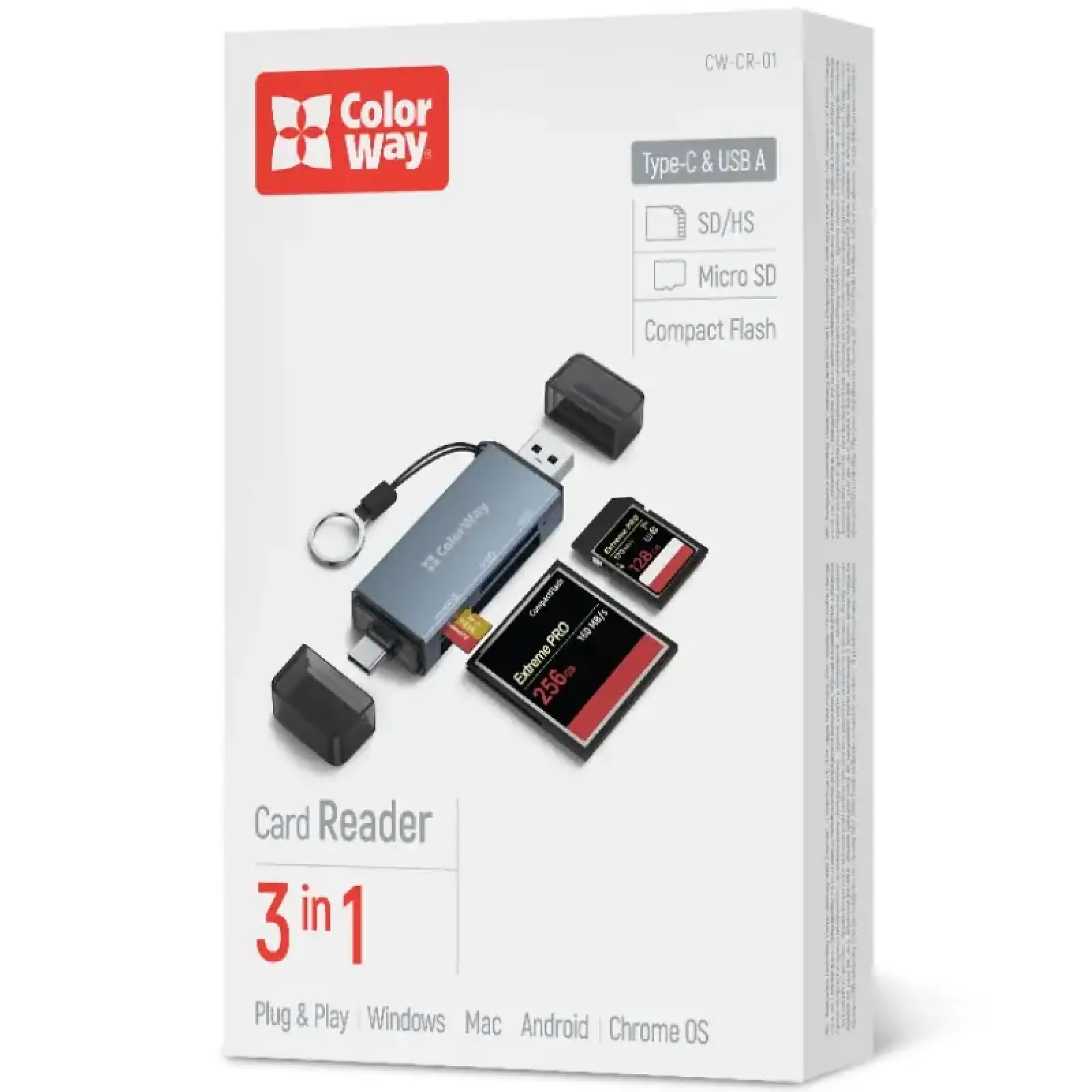 Картридер ColorWay USB 2.0/USB-C to CF/SD/MicroSD (CW-CR-01) UA