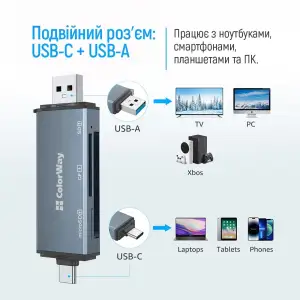 Картридер ColorWay USB 2.0/USB-C to CF/SD/MicroSD (CW-CR-01) UA