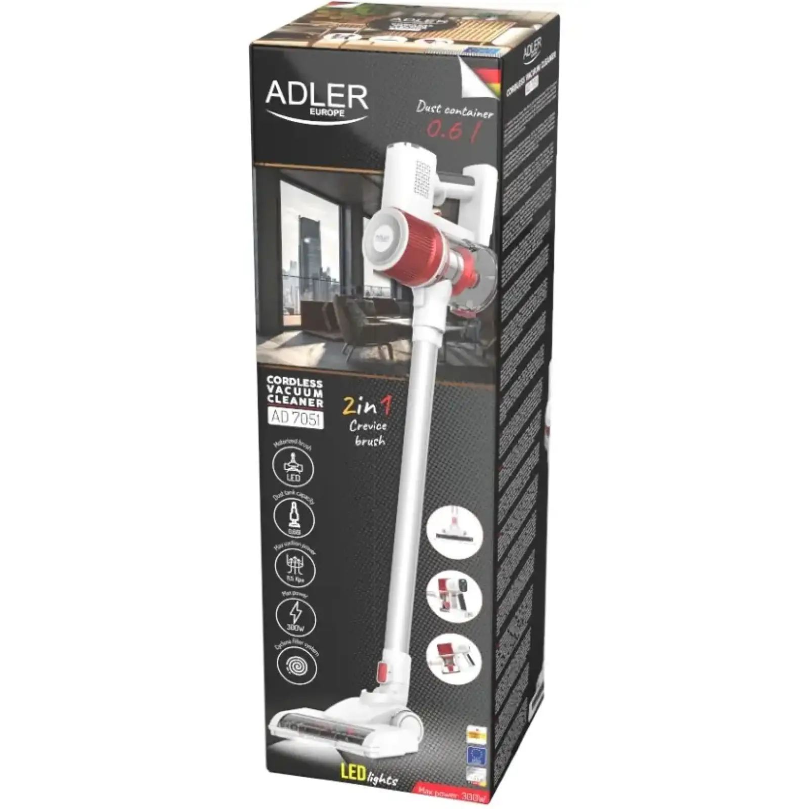 Порохотяг Adler AD 7051 бездротовий/ 300Вт/ 0.6л/ LCD дисплей/ щітка зі світлодіодним підсвічуванням (AD7051) UA