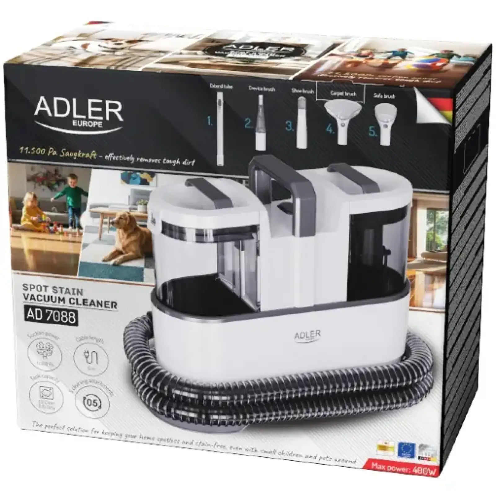 Порохотяг Adler AD 7088 плямовивідник 400Вт/ 11 500 Па/ 1.5л-0.8л/ білий (AD7088) UA