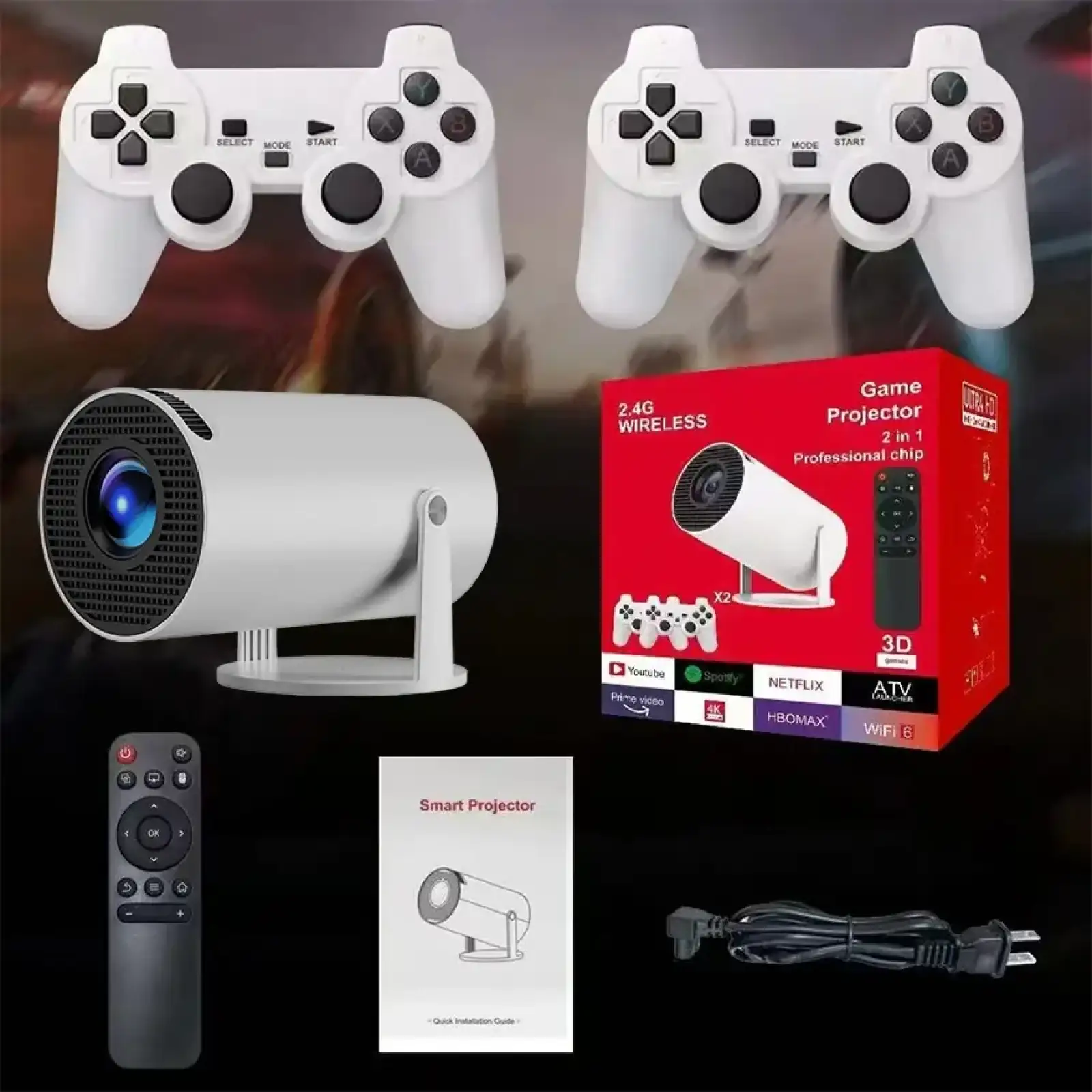 Проєктор H96 MAX F100 LED LCD HD 110AL 16:9 2G/16G Android 12.0 HDMI WiFi BT джойстик 2 шт білий (H96MAX_F100) UA