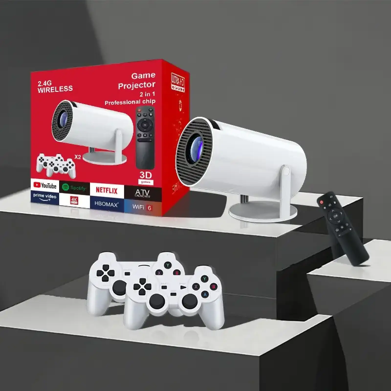 Проєктор H96 MAX F100 LED LCD HD 110AL 16:9 2G/16G Android 12.0 HDMI WiFi BT джойстик 2 шт білий (H96MAX_F100) UA