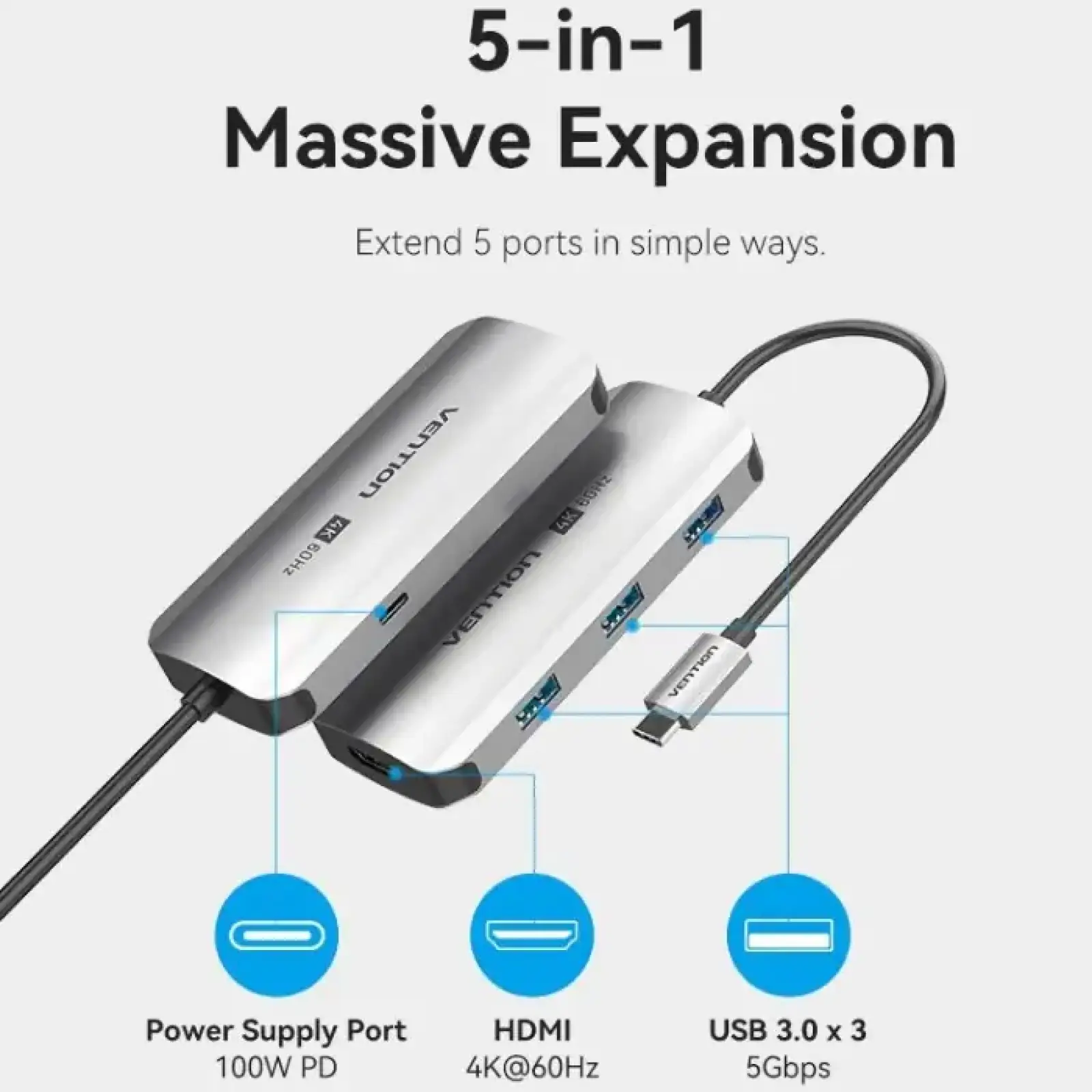 Док-станція USB3.1 Type-C --> HDMI 4K60Hz/USB 3.0x3/PD 100W 5-in-1 Vention (TQDHB) UA