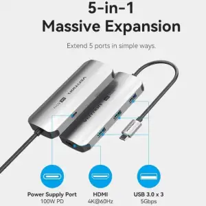 Док-станція USB3.1 Type-C --> HDMI 4K60Hz/USB 3.0x3/PD 100W 5-in-1 Vention (TQDHB) UA