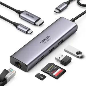 Док-станція USB3.1 Type-C --> HDMI 4K60Hz/USB 3.0x2/RJ45/SD/TF/PD 100W Ugreen CM512 Сіра (60515) UA