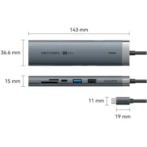 Док-станція USB3.2 Type-C --> HDMI 4K60Hz/USB 3.0x2/RJ45/SD/TF/3.5mm/PD 100W Hub 9-in-1 Vention (TGVHB) UA