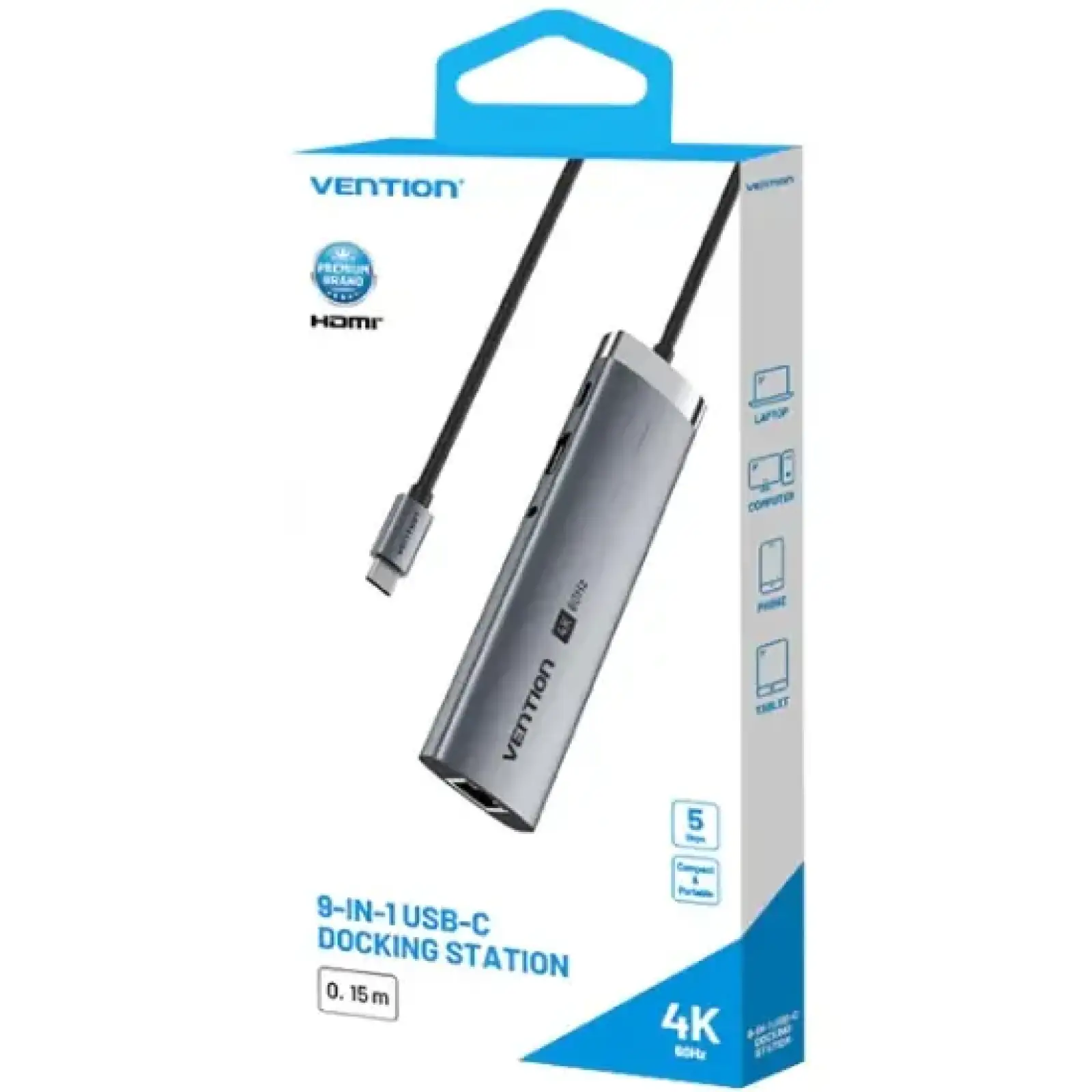 Док-станція USB3.2 Type-C --> HDMI 4K60Hz/USB 3.0x2/RJ45/SD/TF/3.5mm/PD 100W Hub 9-in-1 Vention (TGVHB) UA