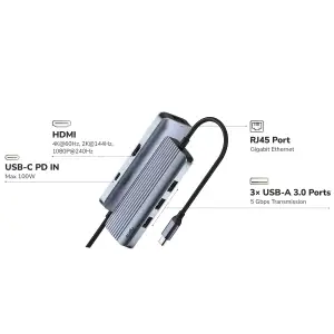 Док станція USB 3.0 Type-C 1хHDMI 4K60Hz,USB-C,1хUSB-A 3.0 5 Гбіт/с, 2хпередачі даних USB-A 2.0 Cudy (UH606) UA