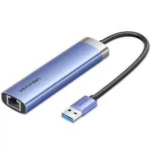 Док станція USB 3.0 -> 3xUSB 3.0/RJ45/Type-C 10W Hub Blue Aluminum Alloy 5-in-1 Vention (TGFSB) UA