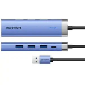 Док станція USB 3.0 -> 3xUSB 3.0/RJ45/Type-C 10W Hub Blue Aluminum Alloy 5-in-1 Vention (TGFSB) UA