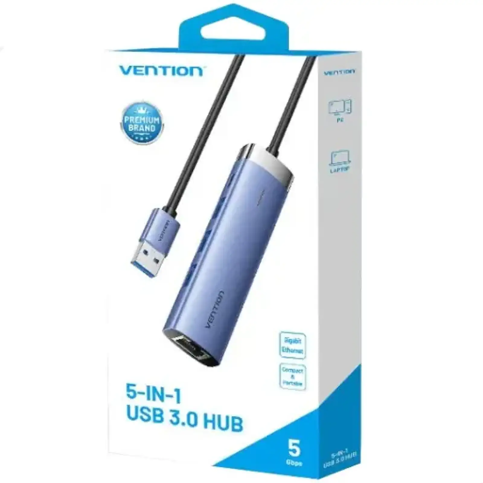 Док станція USB 3.0 -> 3xUSB 3.0/RJ45/Type-C 10W Hub Blue Aluminum Alloy 5-in-1 Vention (TGFSB) UA