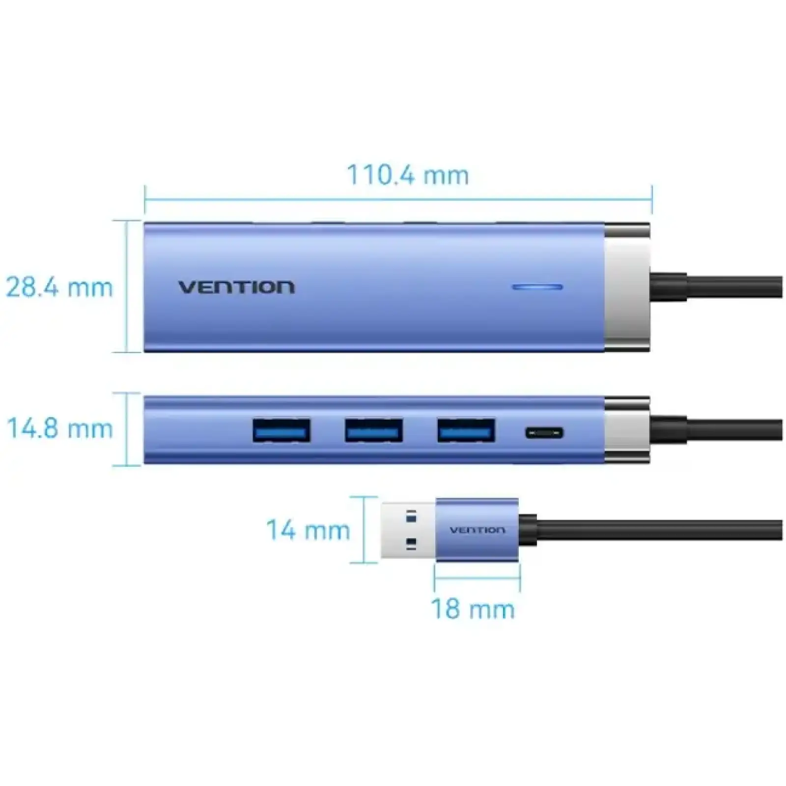 Док станція USB 3.0 -> 3xUSB 3.0/RJ45/Type-C 10W Hub Blue Aluminum Alloy 5-in-1 Vention (TGFSB) UA