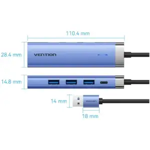 Док станція USB 3.0 -> 3xUSB 3.0/RJ45/Type-C 10W Hub Blue Aluminum Alloy 5-in-1 Vention (TGFSB) UA