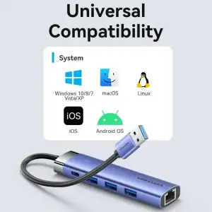 Док станція USB 3.0 -> 3xUSB 3.0/RJ45/Type-C 10W Hub Blue Aluminum Alloy 5-in-1 Vention (TGFSB) UA