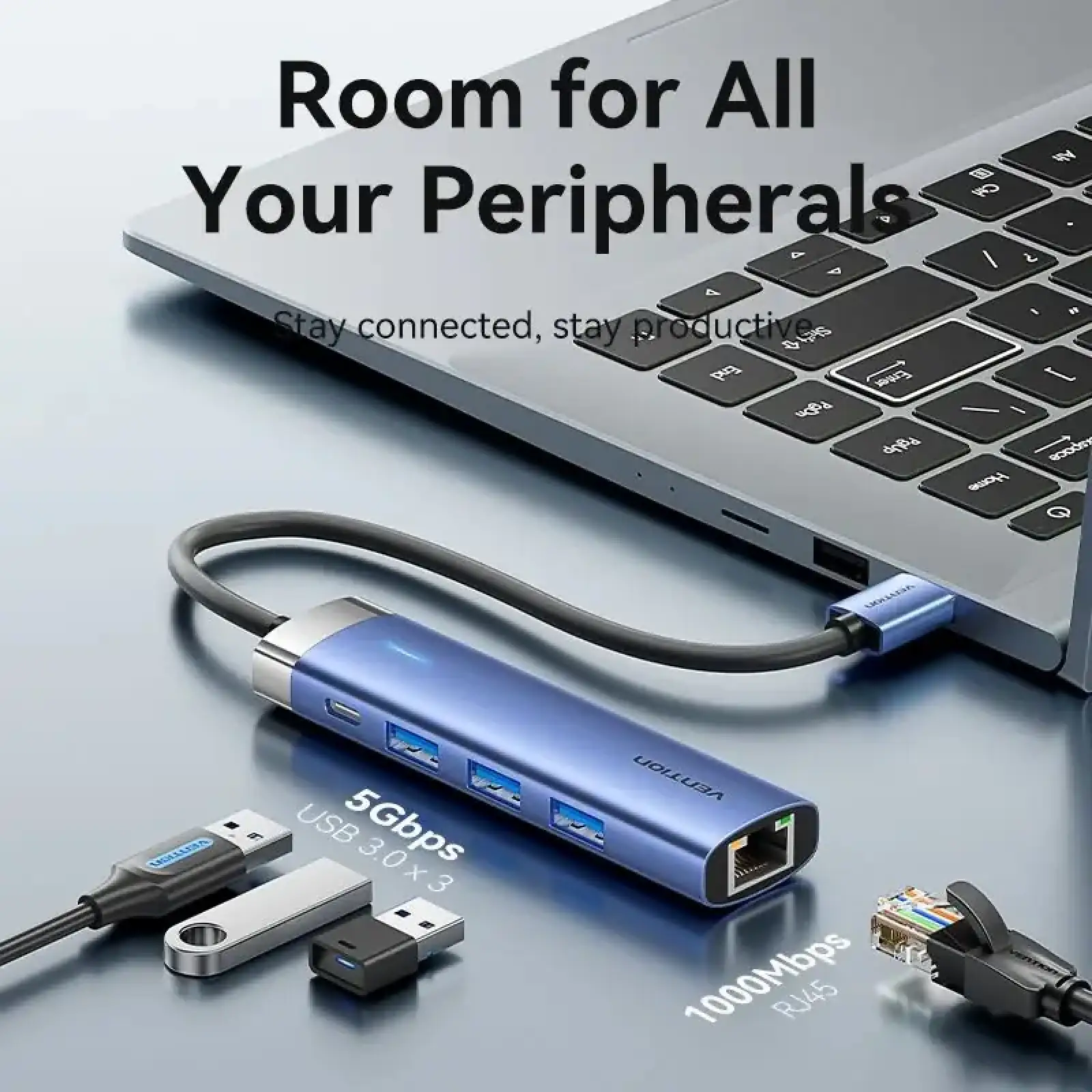 Док станція USB 3.0 -> 3xUSB 3.0/RJ45/Type-C 10W Hub Blue Aluminum Alloy 5-in-1 Vention (TGFSB) UA
